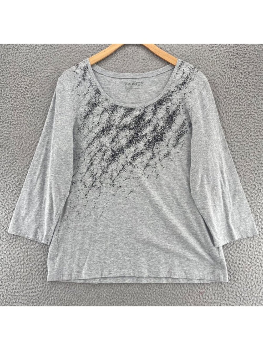 Chicos Top Womens 2 US Large Zenergy Gray Silver Speckle Rhinestone 3/4 Sleeve